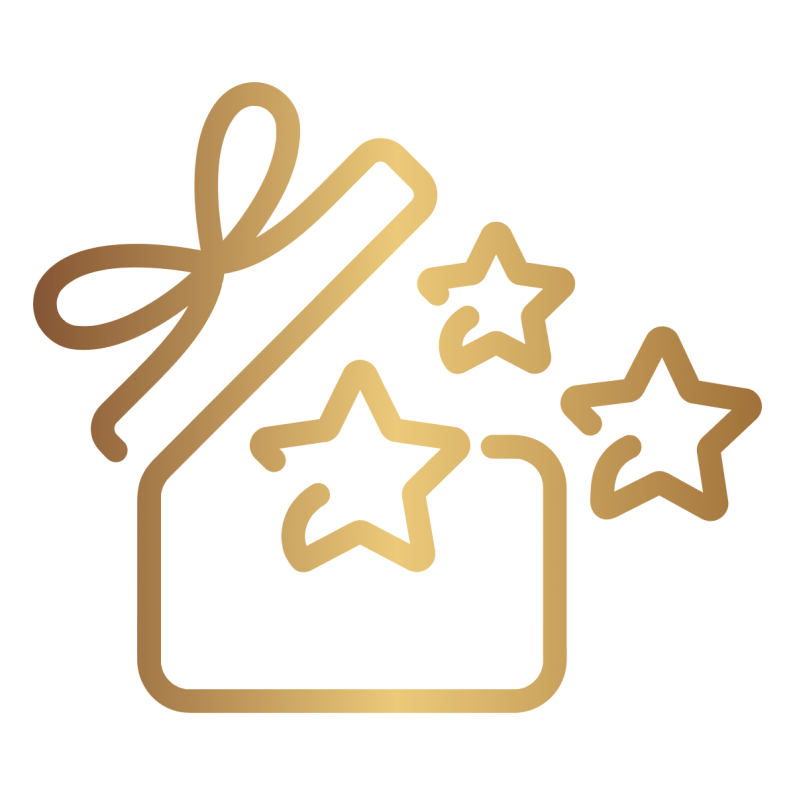 Gold symbol depicting an open box with a ribbon on top, with three stars coming out